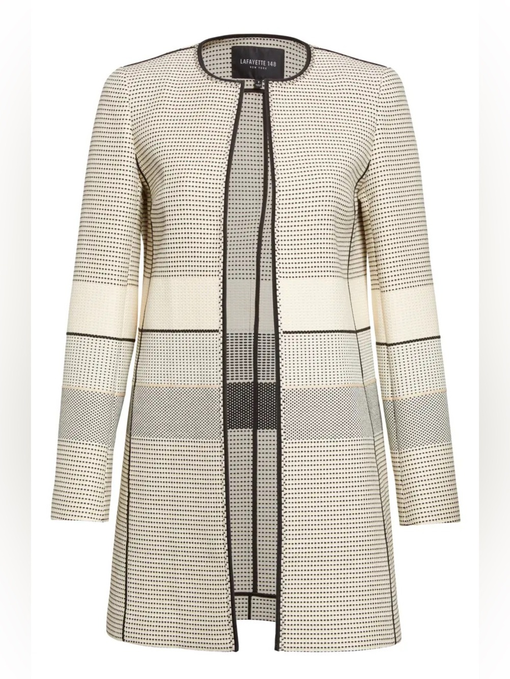 Lafayette 148 New York Pria Striped Open Front Topper Jacket ivory and black